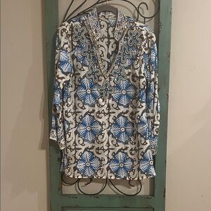 Barbara Gerwit Elegant Blue and Brown Floral Women's Tunic Size Small NWOT